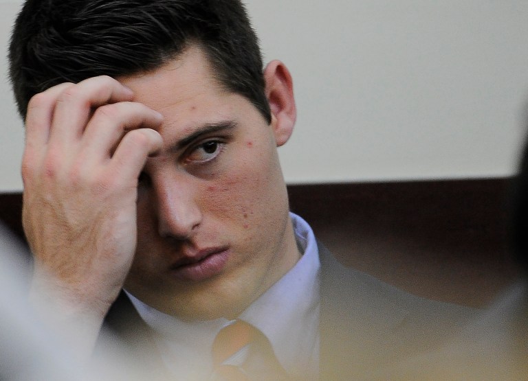 Brandon Vandenburg looks at the jury as Judge Wilkins reads the charges during his trial on Tuesday, Jan. 27, 2015, in Nashville, Tenn. The jury deliberated for three hours before announcing that Vandenburg and Cory Batey were guilty of aggravated rape and aggravated sexual battery. (AP Photo/The Tennessean, John Partipilo, Pool)