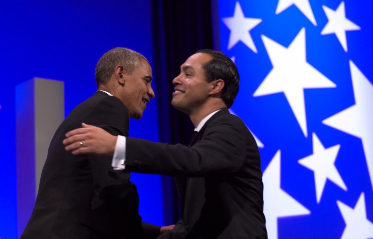 Julian Castro, who served as Obama's secretary of the House and Urban Development Department, met with supporters at Ossoff's office. (AP Photo/Susan Walsh)