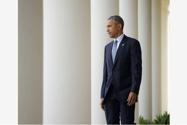 President Barack Obama walks to the Rose Garden of the White House in Washington, Thursday, April 2, 2015, to speak about the breakthrough in the Iranian nuclear talks. (AP Photo/Pablo Martinez Monsivais)