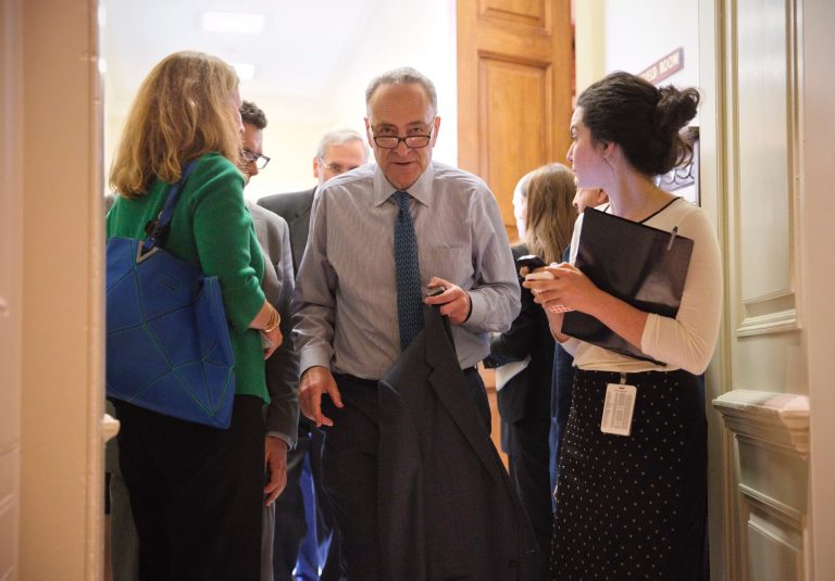 Sen. Chuck Schumer, D-N.Y., and other Senate Democrats, emerge from a private meeting at the Capitol with senior Obama administration officials, White House Chief of Staff Denis McDonough and Medicare chief Marilyn Tavenner, after seeking reassurances about problems with the implementation of the Affordable Care Act, in Washington, Thursday, Oct. 31, 2013.    (AP Photo/J. Scott Applewhite)