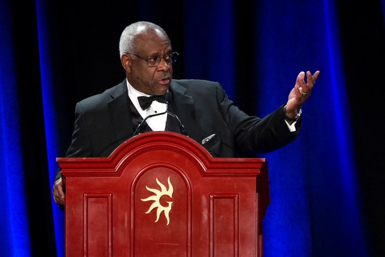 Supreme Court Justice Clarence Thomas scolded the actions of the court on Thursday night in a speech saluting the late Justice Antonin Scalia. (AP Photo/Cliff Owen)