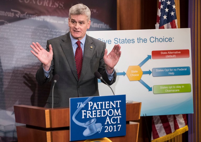 Sen. Bill Cassidy, R-La., at a news conference on Capitol Hill, announces the Patient Freedom Act of 2017, a possible GOP replacement bill for the Affordable Care Act. (AP Photo/J. Scott Applewhite)