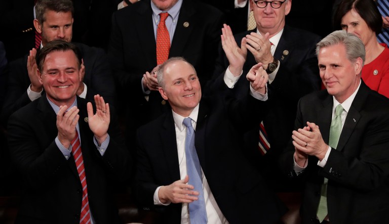 Rep. Steve Scalise, R-La., acknowledges President Trump's introduction during the State of the Union address to a joint session of Congress. (AP Photo/J. Scott Applewhite)