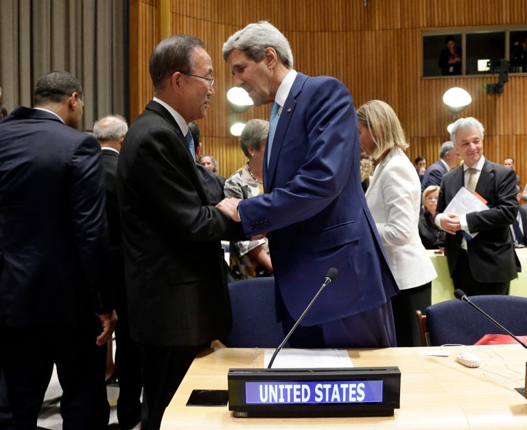 United Nations Secretary General Ban Ki-moon, left, greets U.S. Secretary of State John Kerry before the seventh Ministerial Meeting of the Comprehensive Nuclear-Test-Ban Treaty (CTBT) during the 69th session of the United Nations General Assembly at U.N. headquarters on Friday, Sept. 26, 2014. The meeting was co-organized by Australia, Canada, Finland, Germany, Japan and the Netherlands. (AP Photo/Pool, Jason Szenes)