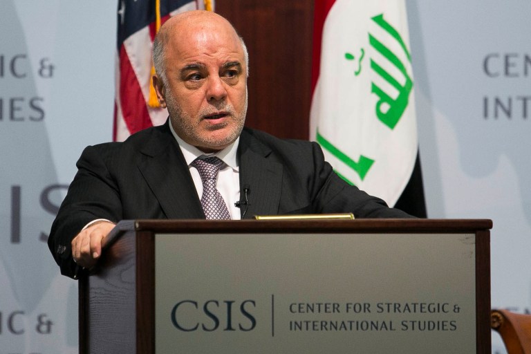 Prime Minister of Iraq Haider al-Abadi speaks about the future of Iraq, at the Center for Strategic and International Studies in Washington on Thursday, April 16. 2015. (Graeme Jennings/Washington Examiner)