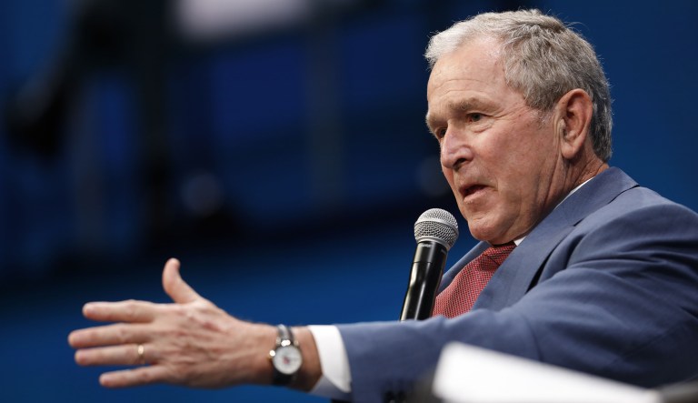 Former President George W. Bush's remarks on Russian election meddling could be read as a shot against President Trump, who has said complaints about Russia are just an excuse to explain Hillary Clinton's loss last year. (Patrick T. Fallon/Bloomberg)