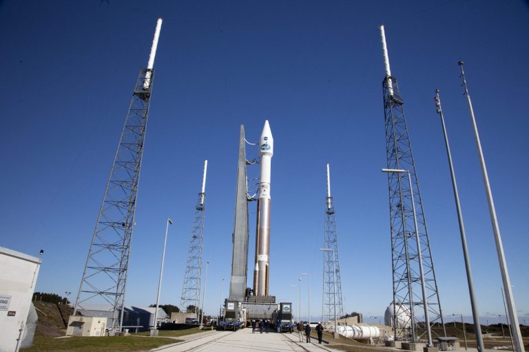 In a photo provided by NASA a United Launch Alliance Atlas V with TDRS-L atop, arrives at the launch pad at Cape Canaveral, Fla., Air Force Station's Launch Complex 41.  The unmanned rocket is set to blast off Thursday night, Jan. 23, 2014,  with the latest, third-generation Tracking and Data Relay Satellite.  (AP Photo/Daniel Casper )