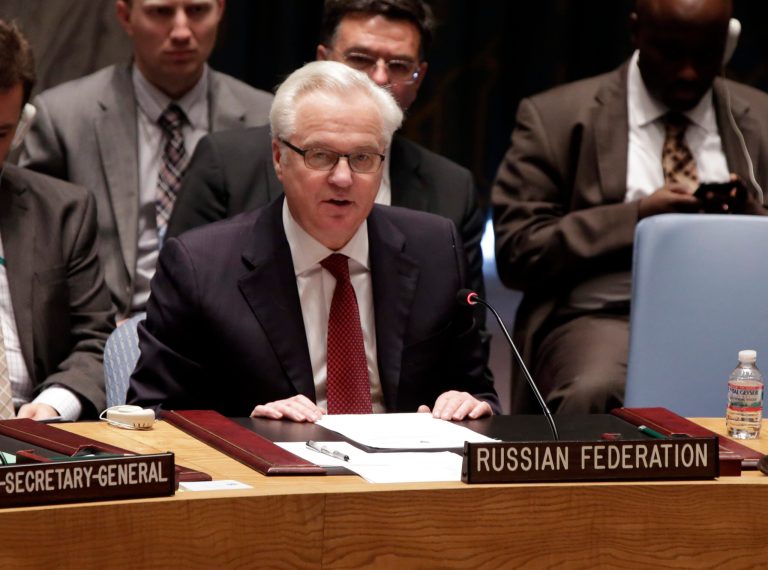 Russian Federation Ambassador Vitaly Churkin addresses the United Nations Security Council,  Friday, May 2, 2014. The U.N. Security Council is meeting in emergency session on Ukraine after Russia called for a public meeting on the growing crisis there. (AP Photo/Richard Drew)