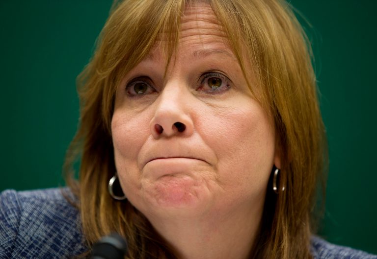 General Motors CEO Mary Barra pauses as she testifies on Capitol Hill in Washington, Tuesday, April 1, 2014, before the House Energy and Commerce subcommittee on Oversight and Investigation. The committee is looking for answers from Barra about safety defects and mishandled recall of 2.6 million small cars with a faulty ignition switch that's been linked to 13 deaths and dozen of crashes. (AP Photo/Evan Vucci)