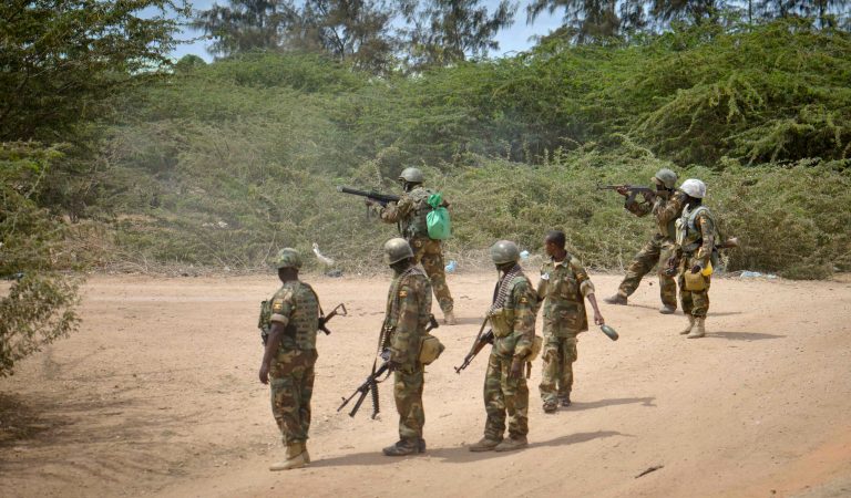 In this photo provided by the African Union Mission to Somalia (AMISOM), African Union (AU) soldiers from Uganda fire at al-Shabab positions in their stronghold of Bulomarer in the Lower Shabelle region of Somalia Saturday, Aug. 30, 2014. Somali government troops fighting alongside AU troops drove the militants from the town as part of their military offensive dubbed 
