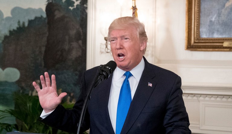 President Trump argued Thursday that his political opponents are jumping from one fake allegation to the next in order to try to bring down his presidency. (AP Photo/Andrew Harnik)