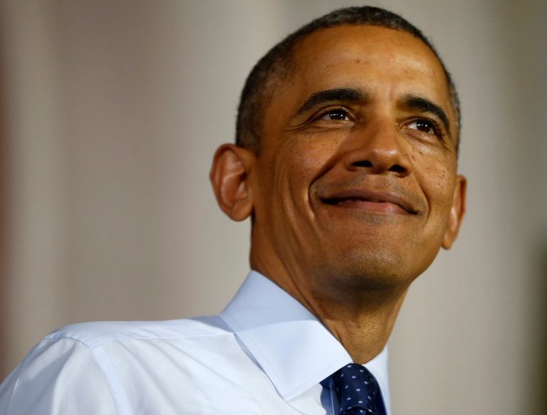 President Barack Obama smiles while speaking at Pathways in Technology Early College High School (P-TECH) in Brooklyn borough of New York, Friday, Oct. 25, 2013, where he highlighted the importance of education in providing skills for American workers in a global economy. (AP Photo/Charles Dharapak)