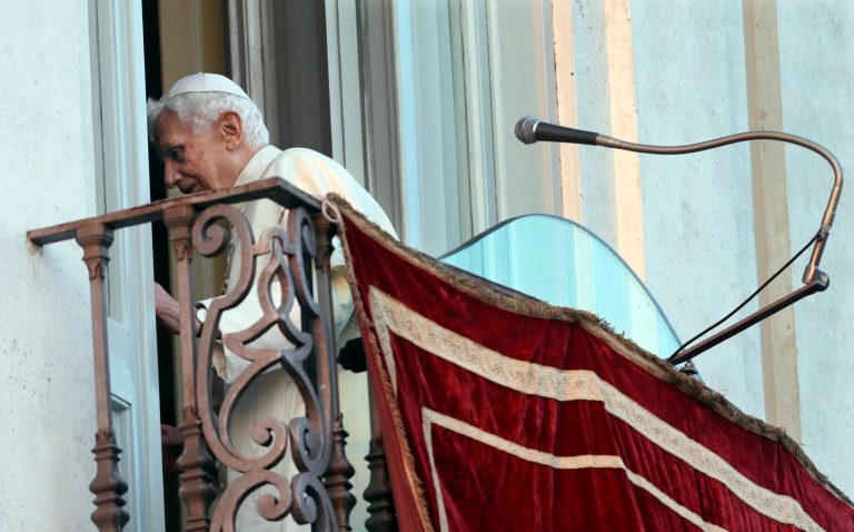 Pope Benedict XVI leaves after greeting the faithful from the balcony window of the papal summer residence of Castel Gandolfo, the scenic town where he will spend his first post-Vatican days and made his last public blessing as pope,Thursday, Feb. 28, 2013. (AP Photo/Alessandra Tarantino)