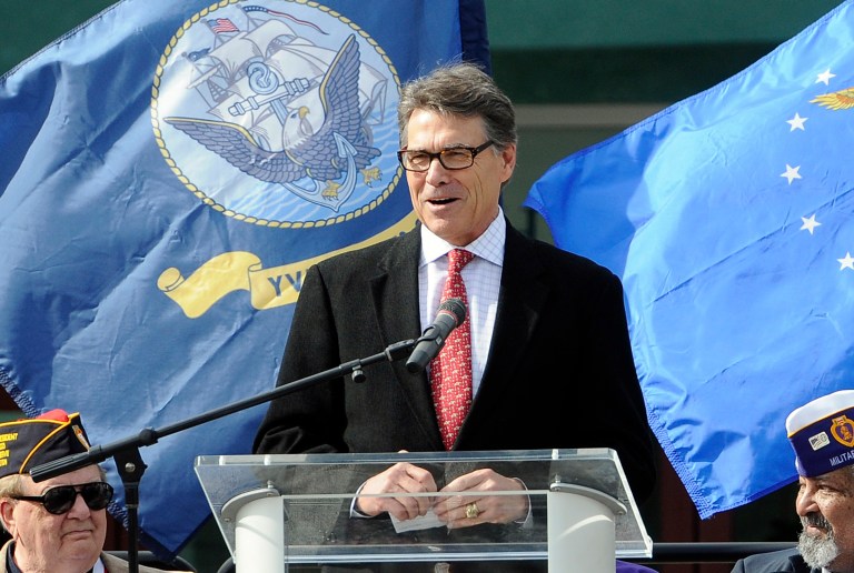 Texas Gov. Rick Perry speaks during the Grand Strand Patriotic Alliance Veterans' Day program at the Myrtle Beach Convention Center Tuesday in Myrtle Beach, S.C. (AP/The Sun News, Charles Slate)