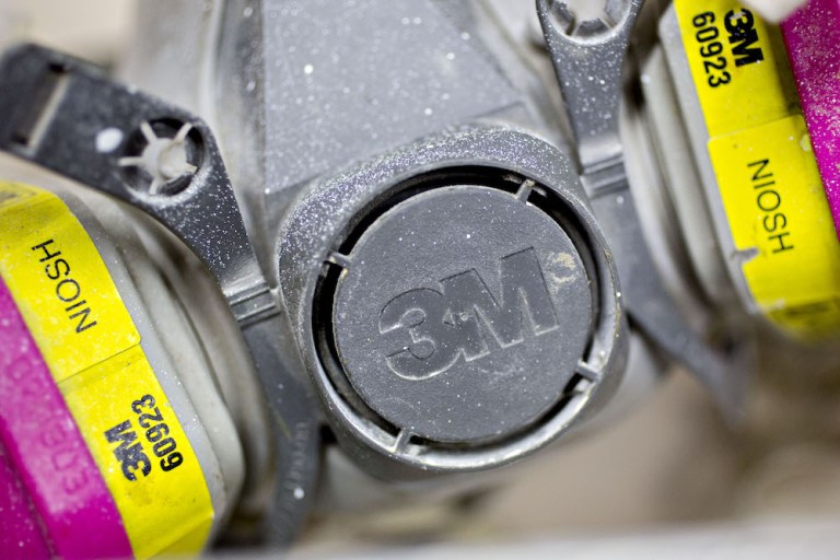 A multi-purpose respirator mask bearing the 3M logo. The Minneapolis-based company is showcasing such products to a diverse audience of regulators, lawmakers and diplomats with a new innovation center in Washington, D.C. (Daniel Acker/Bloomberg)
