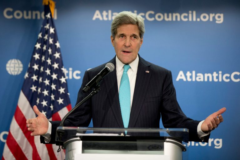 Secretary of State John Kerry speaks about climate change to the Atlantic Council in Washington, Thursday, March 12, 2015. (AP Photo/Carolyn Kaster)