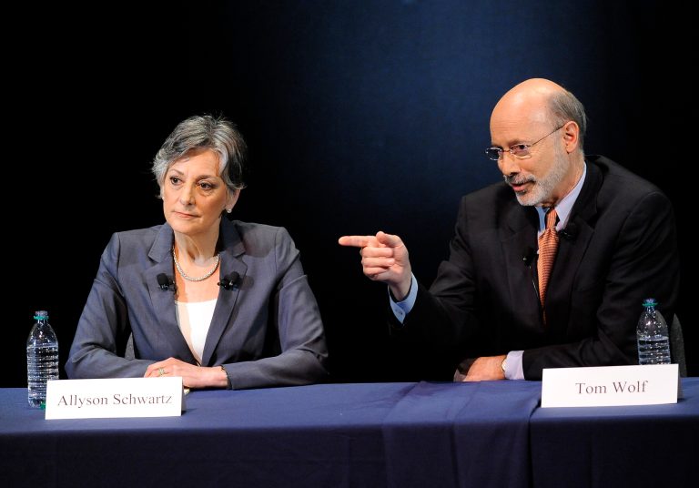 Businessman Tom Wolf, right, answers a question as U.S. Rep. Allyson Schwartz listens during the Pennsylvania Democratic Gubernatorial Primary Debate on Monday, May 12, 2014, in Philadelphia. (AP Photo/Michael Perez)