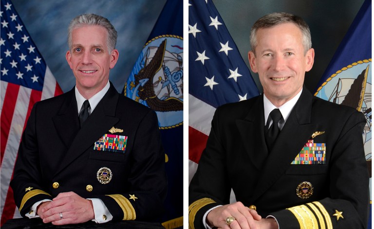 This undated photo provided by the U.S. Navy shows Rear Adm. Bruce F. Loveless, left, and Vice Adm.ÃÂ TedÃÂ BranchÃÂ in an offical portraits. The Navy announced Friday night Nov. 8, 2013 it has suspended access to classified material of Rear Adm. Bruce F. Loveless and Adm.ÃÂ TedÃÂ BranchÃÂ in connection with a massive bribery scheme in Asia involving prostitutes and luxury travel. (AP/US Navy)