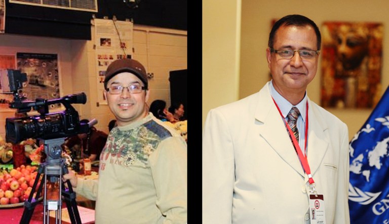 FILE - This undated combination photos released by the Global Network for Rights and Development (GNRD) shows GNRD employees, Ghimire Gundev, a photographer from London, left, and his colleague Krishna Upadhyaya, a researcher, both at unknown locations. Qatar has confirmed it is holding two Britons who went missing while researching migrant labor issues, saying the men are being questioned for alleged illegal activity in the Gulf nation that is due to hold the 2022 World Cup. (AP Photo/GNRD, File)