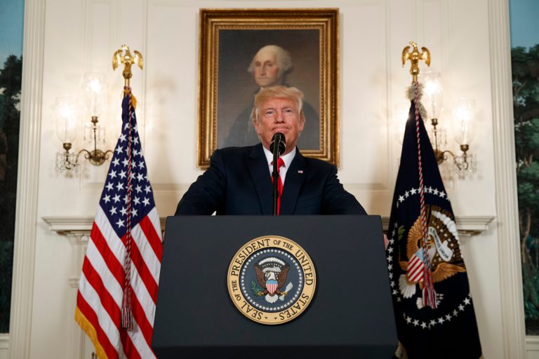 President Donald Trump pauses as he speaks about the deadly white nationalist rally in Charlottesville, Va., Monday, Aug. 14, 2017, in the Diplomatic Room of the White House in Washington. (AP Photo/Evan Vucci)