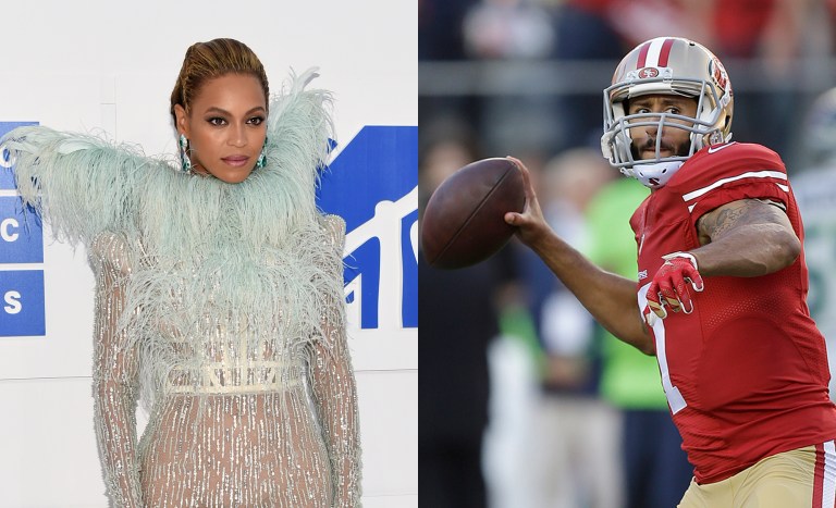 While Beyonce works in metaphors, Colin Kaepernick affected racial discourse through a simple, direct action. (AP Photos)
