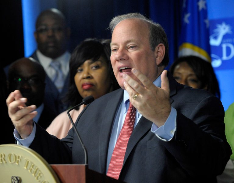 Detroit Mayor Mike Duggan speaks to the media during a news conference on Thursday, Aug. 7, 2014 in Detroit.  Duggan announced the city will offer affordable payment plans to many delinquent customers. Detroit shut off water service to around 17,000 to 18,000 residential customers, about 10 percent of the roughly 170,000 total. About 60 percent to 70 percent have been restored, and officials said restorations continue. Shutoffs have been halted until Aug. 25. (AP Photo/Detroit News, Todd McInturf)  DETROIT FREE PRESS OUT; HUFFINGTON POST OUT