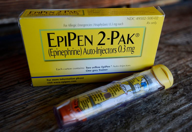 In this Oct. 10, 2013 photo, an epinephrine auto-injector is shown that Tyler Edwards, 12, of Hendersonville, Tenn., carries with him because of his allergies. Only 27 states require or allow epinephrine, a drug used to treat anaphylactic shock, to be available in schools. (AP/Mark Zaleski)