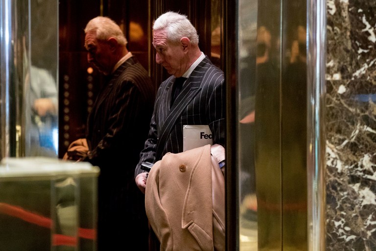 Roger Stone, political consultant for President-elect Donald Trump, boards an elevator at Trump Tower in New York, Tuesday, Dec. 6, 2016. CNN cited an anonymous source that Stone told Trump to get rid of Comey after he appeared at a Senate hearing last week. (AP Photo/Andrew Harnik)