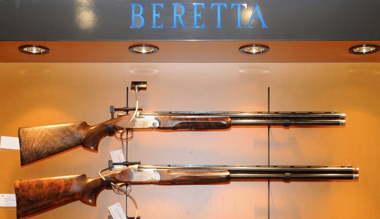 Hunting rifles of the Beretta company are seen at the exhibition stand at international gun fair in Nuremberg, southern Germany, on Friday, March 13, 2009. (AP photo Julia Kellner)