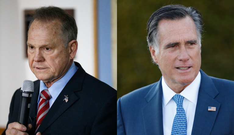 Alabama GOP Senate candidate Roy Moore and 2012 Republican presidential nominee Mitt Romney engaged in a feisty back-and-forth on Twitter Monday. (AP Images)