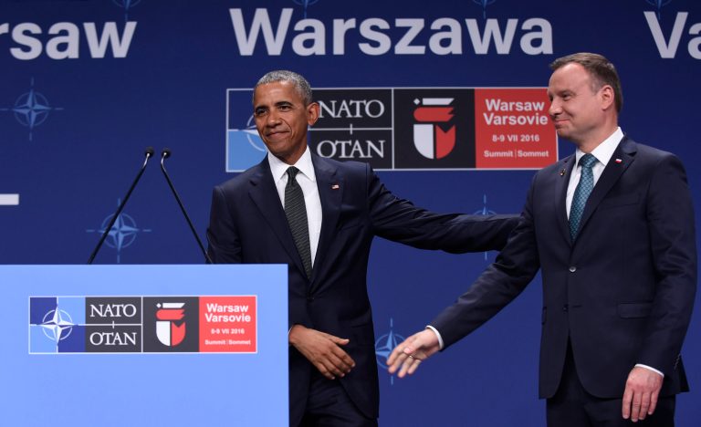 Emerging from a meeting with Polish President Andrzej Duda, President Obama said the U.S. will serve as the lead nation for the beefed-up troop presence in Poland. (AP Photo/Susan Walsh)