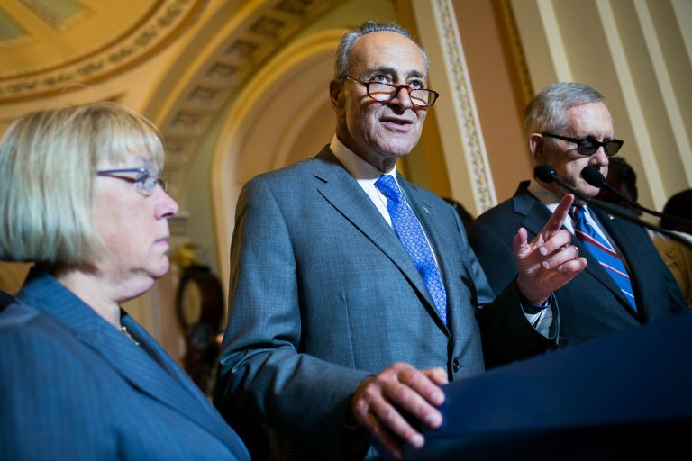Sen. Chuck Schumer speaks at a press conference on Capitol Hill, Tuesday. (Graeme Jennings/Washington Examiner)