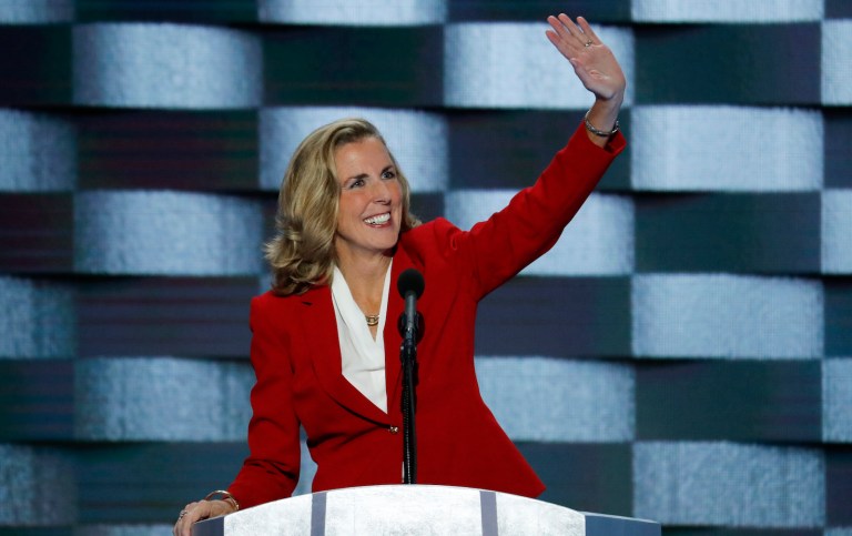 When Katie McGinty, who's running for U.S. Senate in Pennsylvania, took the stage, she included a section in her remarks about Donald Trump and her opponent, Sen. Pat Toomey. (AP Photo/J. Scott Applewhite)