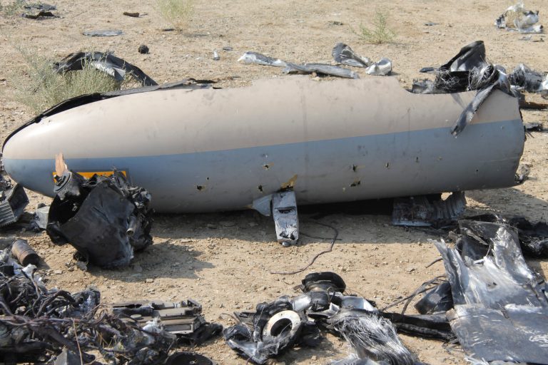 This undated photo released Monday, Aug. 25, 2014 by the Iranian Revolutionary Guards, claims to show the wreckage of an Israeli drone which Iran claims it shot down near an Iranian nuclear site. Iran's state TV on Monday broadcast footage purported to show an Israeli drone the country's Revolutionary Guard claimed to have shot down over the weekend near an Iranian nuclear site. The brief video, aired on the Arabic-language Al-Alam TV, shows what the channel says are parts of the drone, scattered in an unidentified desert area. (AP Photo/Sepahnews)