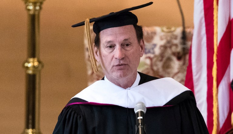 Supreme Court Justice Samuel Alito said America's first freedoms are under pressure in the United States during a graduation ceremony in Saint Martin of Tours Chapel at the Saint Charles Borromeo Seminary in Pennsylvania. (AP Photo/Matt Rourke)