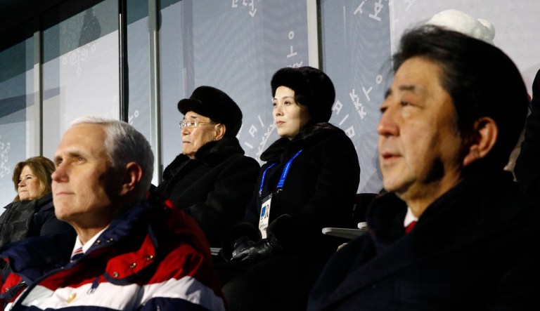 Kim Yong Nam, top left, president of the Presidium of North Korean Parliament, and Kim Yo Jong, sister of North Korean leader Kim Jong Un, top right, sit behind U.S. Vice President Mike Pence, bottom left, and Japanese Prime Minister Shinzo Abe, bottom right, as they watch the opening ceremony of the 2018 Winter Olympics in Pyeongchang, South Korea, Friday, Feb. 9, 2018. (AP Photo/Patrick Semansky, Pool)