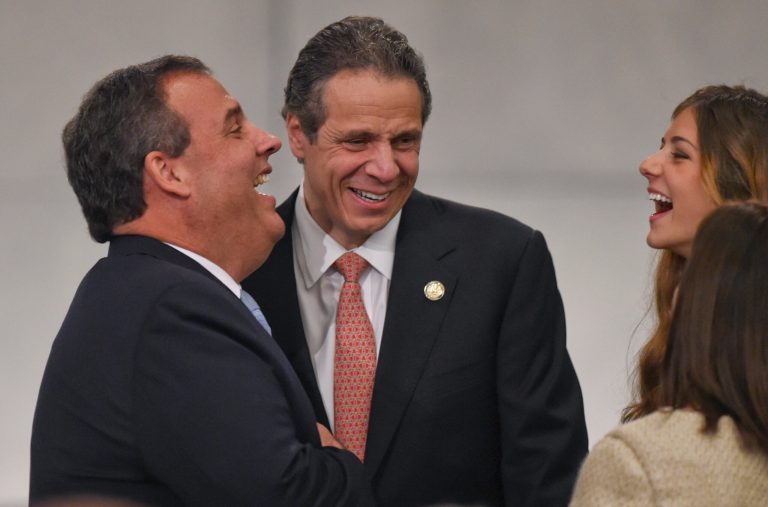 New Jersey Governor Chris Christie, left, and New York Gov. Andrew M. Cuomo talk at the dedication of the National September 11 Memorial Museum  in New York, May 15, 2014.  (AP Photo/Timothy A. Clary, Pool.)