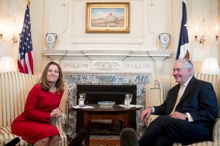 Canadian Foreign Minister Chrystia Freeland on Wednesday said her country is opposed to President Trump's plans to impose border tariffs, following a meeting with Secretary of State Rex Tillerson. (AP Photo/Andrew Harnik)