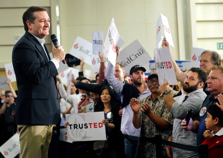 Republican presidential candidate Sen. Ted Cruz, R-Texas, speaks at a rally in Irvine, Calif., on Monday, April 11, 2016. (AP Photo/Nick Ut)