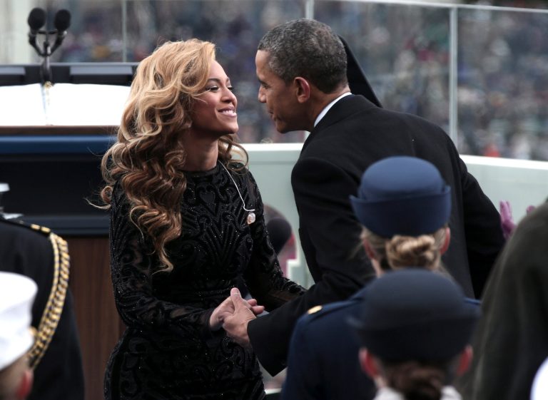 President Obama greets singer Beyonce on the West Front of the Capitol on Jan. 21,2013, after she performed the National Anthem at the ceremonial swearing-in ceremony during the 57th Presidential Inauguration. (AP/Win McNamee)