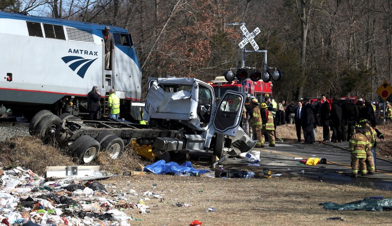 An Amtrak passenger train carrying dozens of GOP lawmakers to a Republican retreat in West Virginia struck a garbage truck south of Charlottesville, Va. (Zack Wajsgrasu/The Daily Progress via AP)