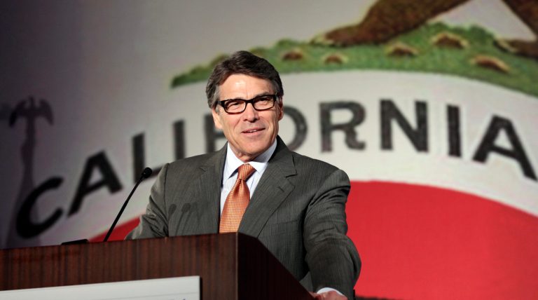 FILE - In this Oct. 5, 2013 file photo Texas Gov. Rick Perry gives the keynote speech at the California Republican Party convention in Anaheim, Calif. California Gov. Jerry Brown said Friday, May 2, 2014, it appears there was little California could have done to keep Toyota from moving its U.S. headquarters and about 3,000 jobs to Texas, saying 