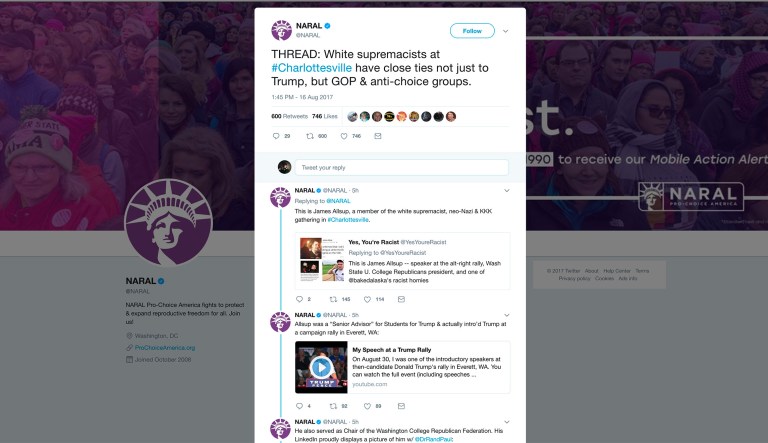 Pro-abortion rights advocacy group NARAL sparked a social media scrum Wednesday when it tweeted about the possible connection between white nationalists, the Republican Party, and anti-abortion organizations. (NARAL / Twitter)