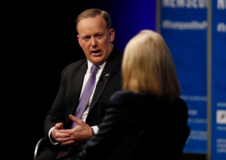White House press secretary Sean Spicer speaks to moderator Greta Van Susteren at the Newseum in Washington, Wednesday, April 12, 2017, during 