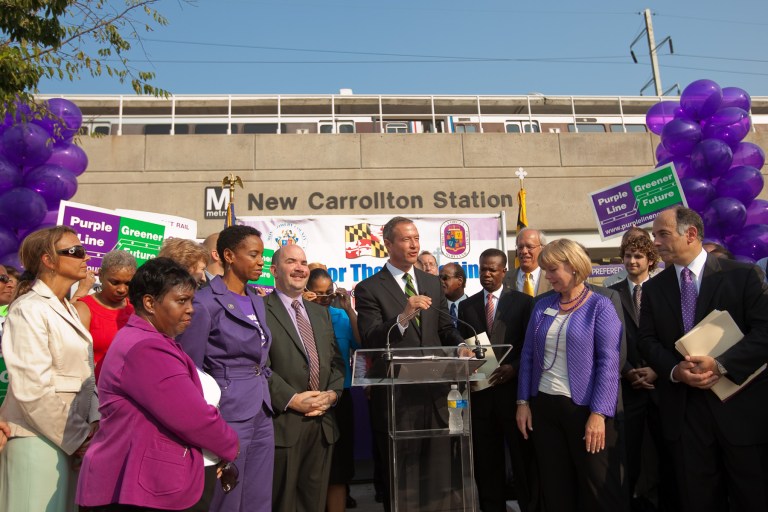 Surrounded by officials and supporters, Maryland Governor Martin O'Malley backs Metro's 16 mile Purple Line which will link Bethesda and New Carrollton on Tuesday, August 4, 2009. The Maryland Transit Authority on Thursday issued a request for information from businesses asking how they think a public-private partnership could help get the Purple Line built. (Photo: Examiner file)