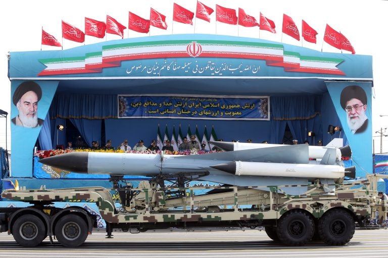 Missiles are displayed by the Iranian army in a military parade marking National Army Day in front of the mausoleum of the late revolutionary founder Ayatollah Khomeini, just outside Tehran, Iran, Saturday, April 18, 2015. (AP Photo/Ebrahim Noroozi)