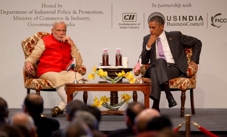 President Obama, right and Indian Prime Minister Narendra Modi attend the India-U.S business summit in New Delhi, India, Monday, Jan. 26, 2015. (AP Photo)