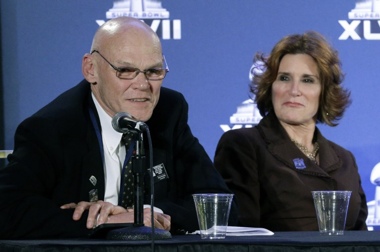 Political commentators and husband and wife James Carville, left, and Mary Matalin speak at an NFL footballSuper Bowl XLVII news conference on Monday, Jan. 28, 2013. Matalin was just named PETA'S Person of the Year. (AP Photo/Patrick Semansky)