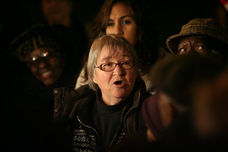 In this Nov. 19, 2009 file photo, Lynne Stewart, the disbarred lawyer convicted in a terrorism case, speaks to supporters before entering federal court in Manhattan to surrender, in New York. (AP File)