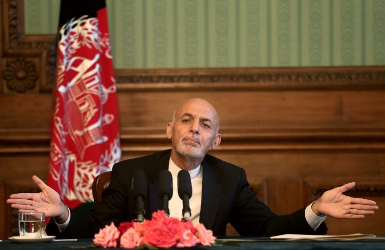 Afghan President Ashraf Ghani speaks during a press conference at the presidential palace in Kabul, Afghanistan, Monday, Aug. 10, 2015. (AP Photo/Massoud Hossaini)